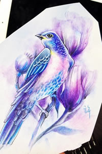 彩色花卉鸟类纹身手稿图案