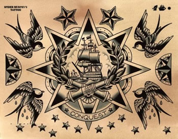 五角星帆船燕子纹身手稿图案