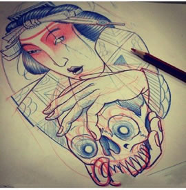艺妓骷髅纹身手稿图案