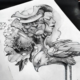 黑色素描小丑老鹰纹身图案