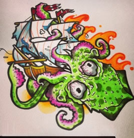 彩色个性章鱼帆船纹身手稿图案