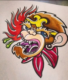 彩色卡通猴子纹身手稿图案