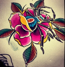 彩色玫瑰花蜘蛛纹身手稿图
