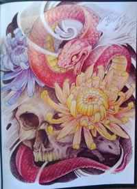 骷髅蛇菊花纹身图案