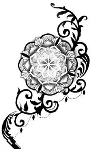 复古风水墨牡丹花几何线纹身图案