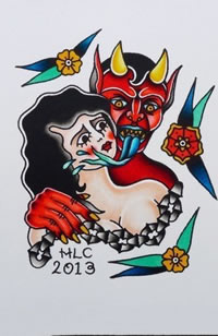 手稿彩色诡异恶魔与美女纹身图案