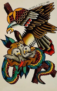 彩色炫丽老鹰与蛇纹身图案