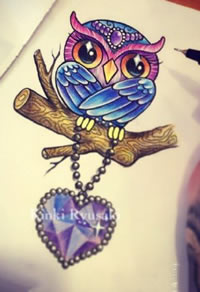 彩色呆萌可爱的猫头鹰手稿纹身图案