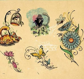 一组可爱漂亮的小花手稿纹身图案