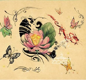 静静绽放的荷花蝴蝶翩翩起舞纹身图案
