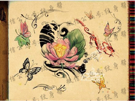 静静绽放的荷花蝴蝶翩翩起舞纹身图案