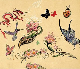 一组好看的花鸟蛇手稿纹身图案