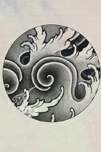 传统的黑白浪花手稿纹身图案