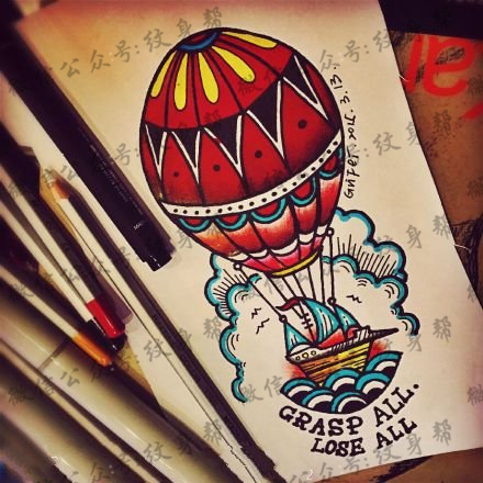 彩色热气球手稿纹身图案