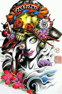 传统风格艺妓手稿纹身图案