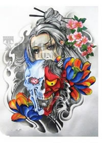 传统风格艺妓与般若手稿纹身图案