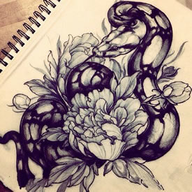 传统刺青蛇戏牡丹手稿纹身图案