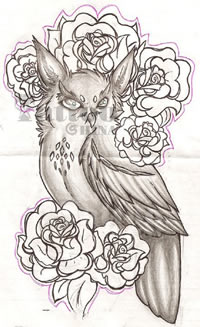 花丛中的猫头鹰手稿纹身图案