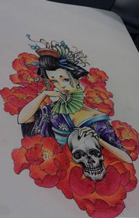 彩绘艺妓骷髅手稿纹身图案