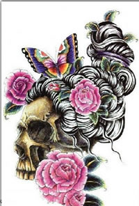 惊悚的骷髅艺妓手稿纹身图案