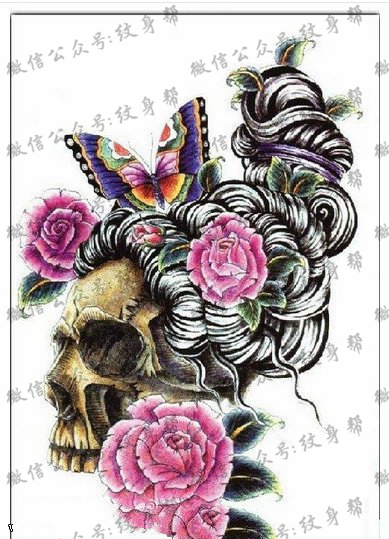 惊悚的骷髅艺妓手稿纹身图案