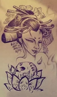 黑白莲花艺妓手稿纹身图案