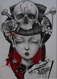 凄美的骷髅头艺妓手稿纹身图案