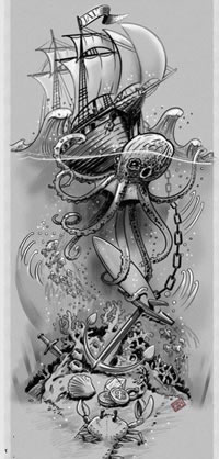 乌贼海盗船手稿纹身图案