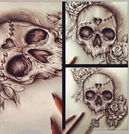 惊悚的骷髅手稿纹身图案