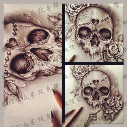 惊悚的骷髅手稿纹身图案