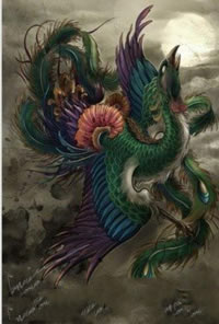 彩色漂亮的凤凰手稿纹身图案