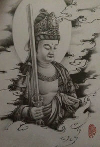 黑白色观音像手稿纹身图案