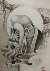 黑白色太上老君手稿纹身图案