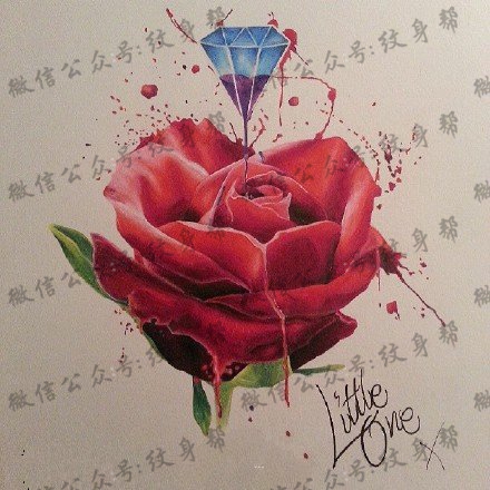 水墨钻石玫瑰手稿纹身图案