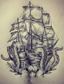 航海帆船手稿纹身图案