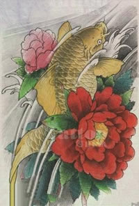 锦鲤牡丹花手稿纹身图案