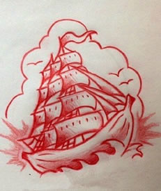 香蕉上的帆船手稿纹身图案