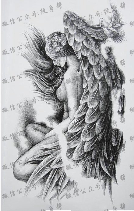 素描漂亮的天使手稿纹身图案
