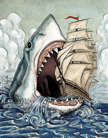 彩绘鲨鱼吃帆船纹身图案