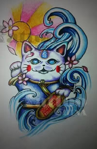 卡通的招财猫手稿纹身图案