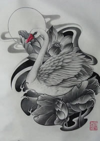 漂亮的荷花白鹅手稿纹身图案