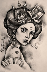 素描艺妓手稿纹身图案