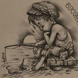 素描钓鱼的小男孩纹身图案