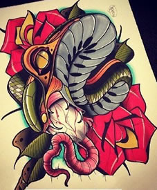 惊悚的蛇戏玫瑰手稿纹身图案