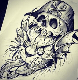 霸气的龙头骷髅手稿纹身图案