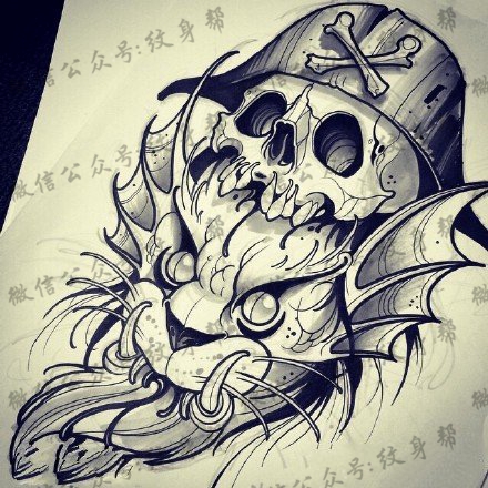 霸气的龙头骷髅手稿纹身图案