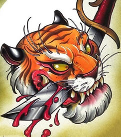 彩绘刀刺老虎嘴手稿纹身图案