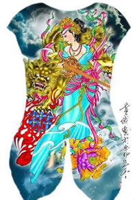 中国风彩绘的狮子艺妓纹身图案