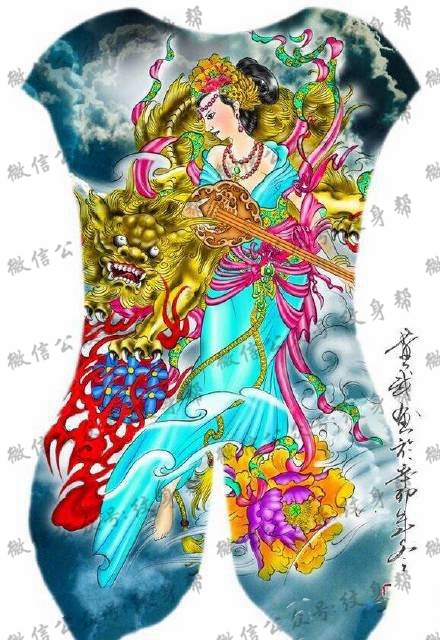 中国风彩绘的狮子艺妓纹身图案