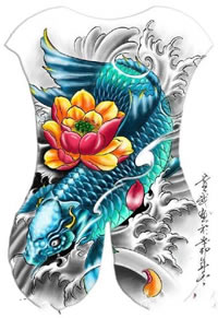 中国风格彩绘锦鲤纹身图案